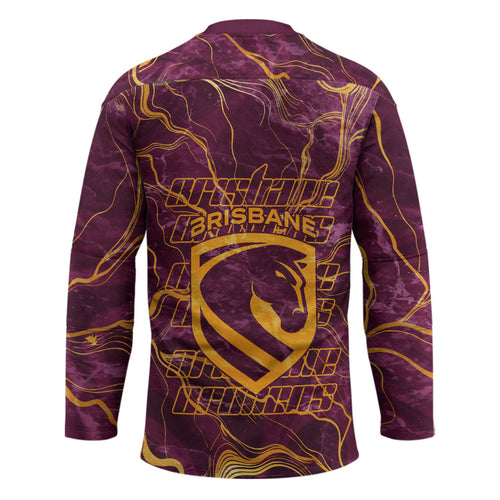 Brisbane Broncos Hockey Jersey Gold Marble Pattern With Vibrant Topography Lines
