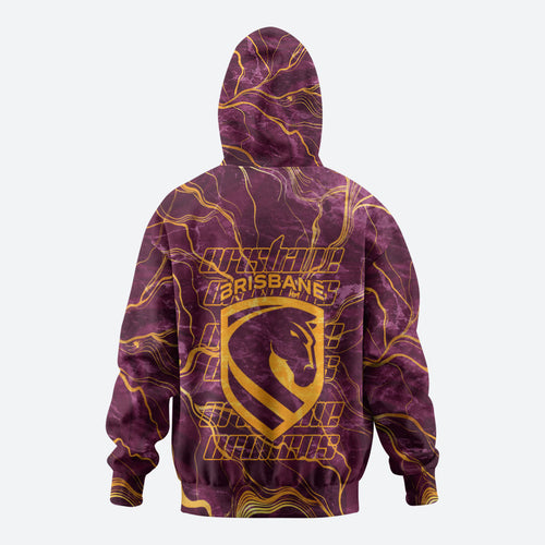 Brisbane Broncos Hoodie Gold Marble Pattern With Vibrant Topography Lines