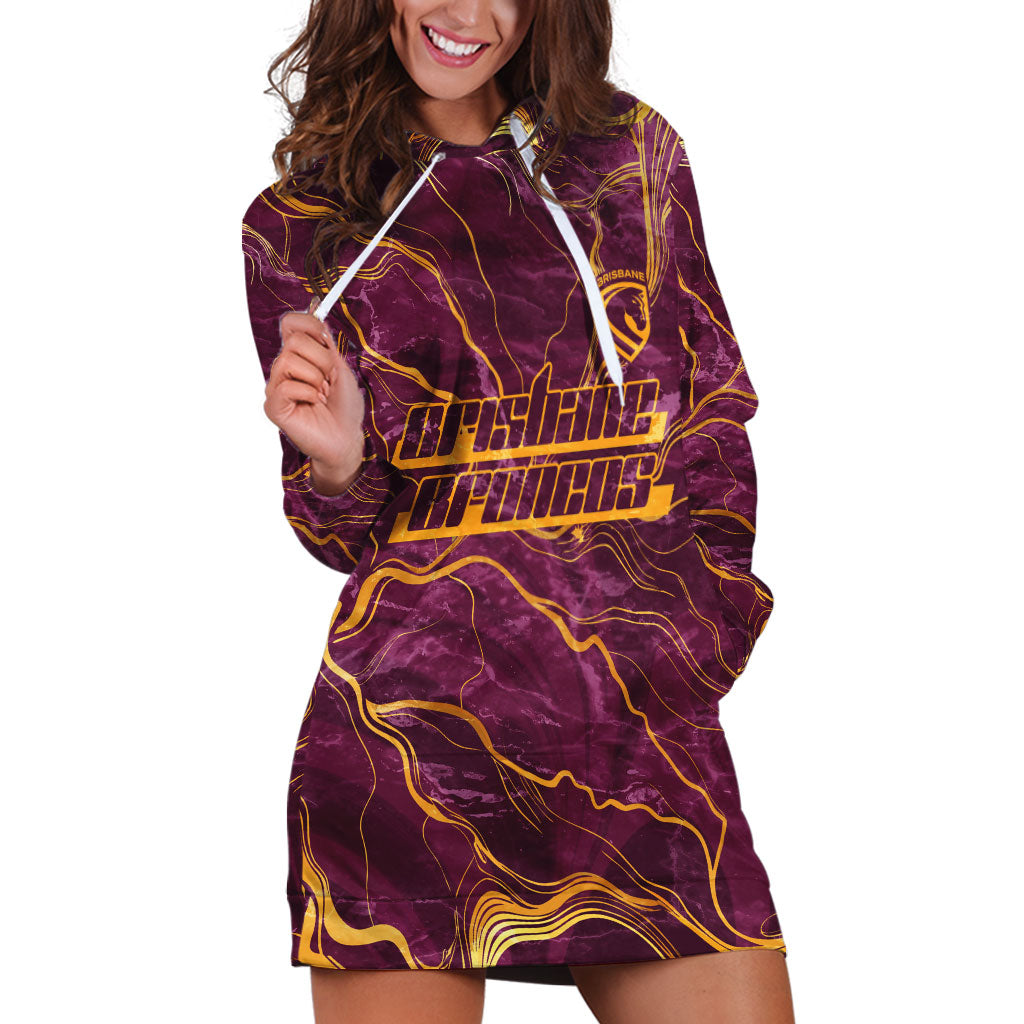 Brisbane Broncos Hoodie Dress Gold Marble Pattern With Vibrant Topography Lines