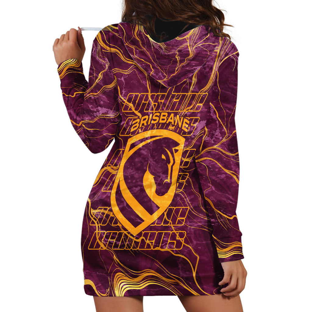 Brisbane Broncos Hoodie Dress Gold Marble Pattern With Vibrant Topography Lines