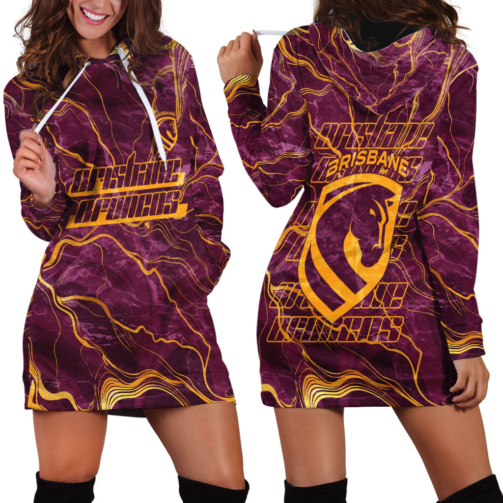 Brisbane Broncos Hoodie Dress Gold Marble Pattern With Vibrant Topography Lines