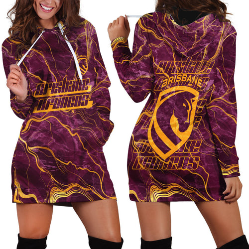 Brisbane Broncos Hoodie Dress Gold Marble Pattern With Vibrant Topography Lines
