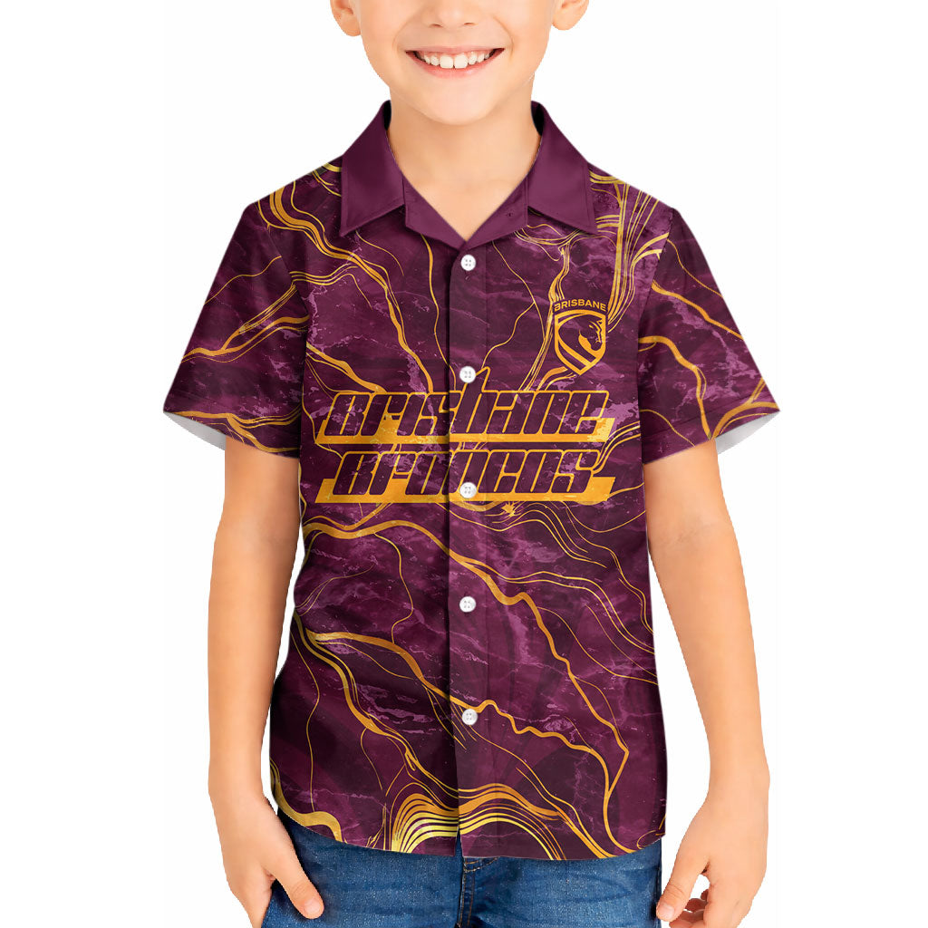 Brisbane Broncos Kid Hawaiian Shirt Gold Marble Pattern With Vibrant Topography Lines