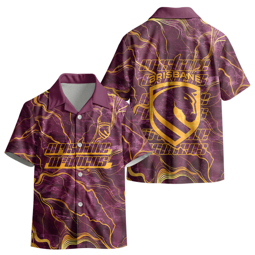 Brisbane Broncos Kid Hawaiian Shirt Gold Marble Pattern With Vibrant Topography Lines