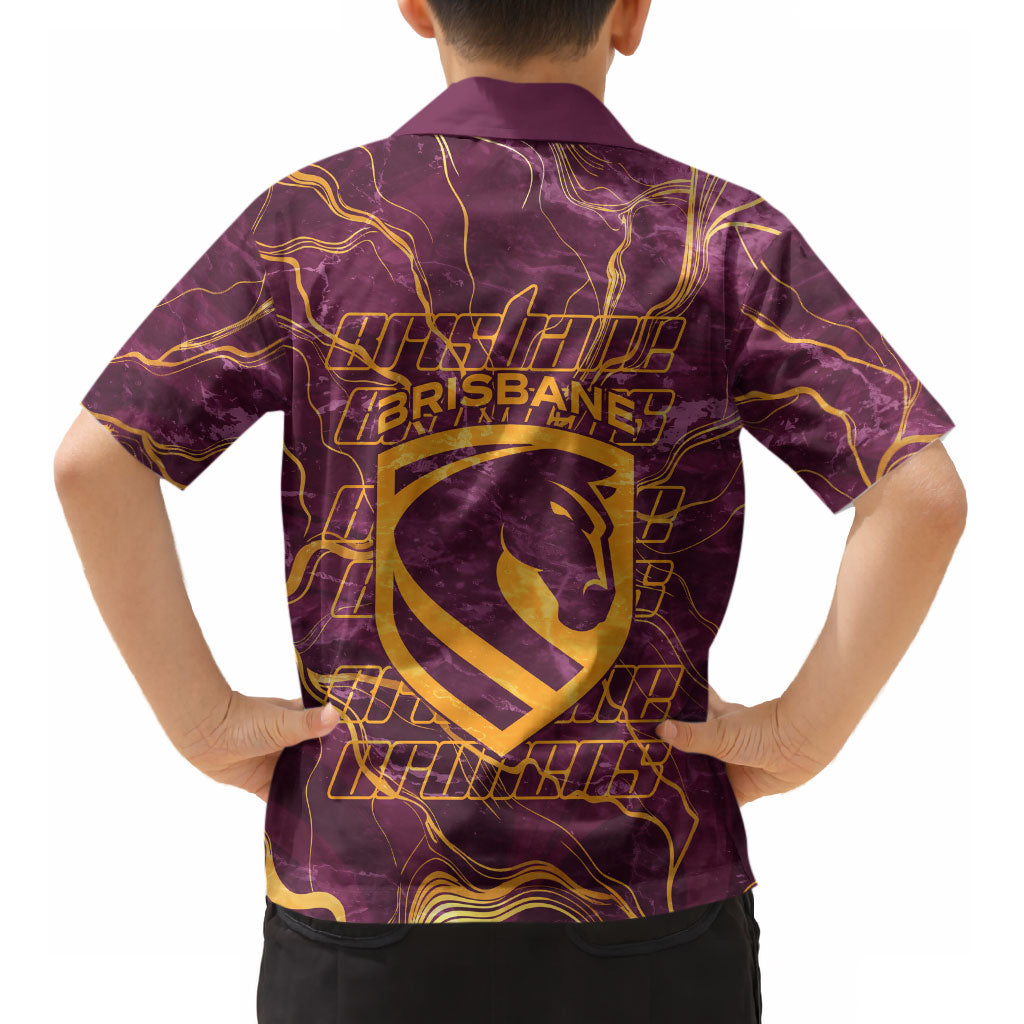 Brisbane Broncos Kid Hawaiian Shirt Gold Marble Pattern With Vibrant Topography Lines