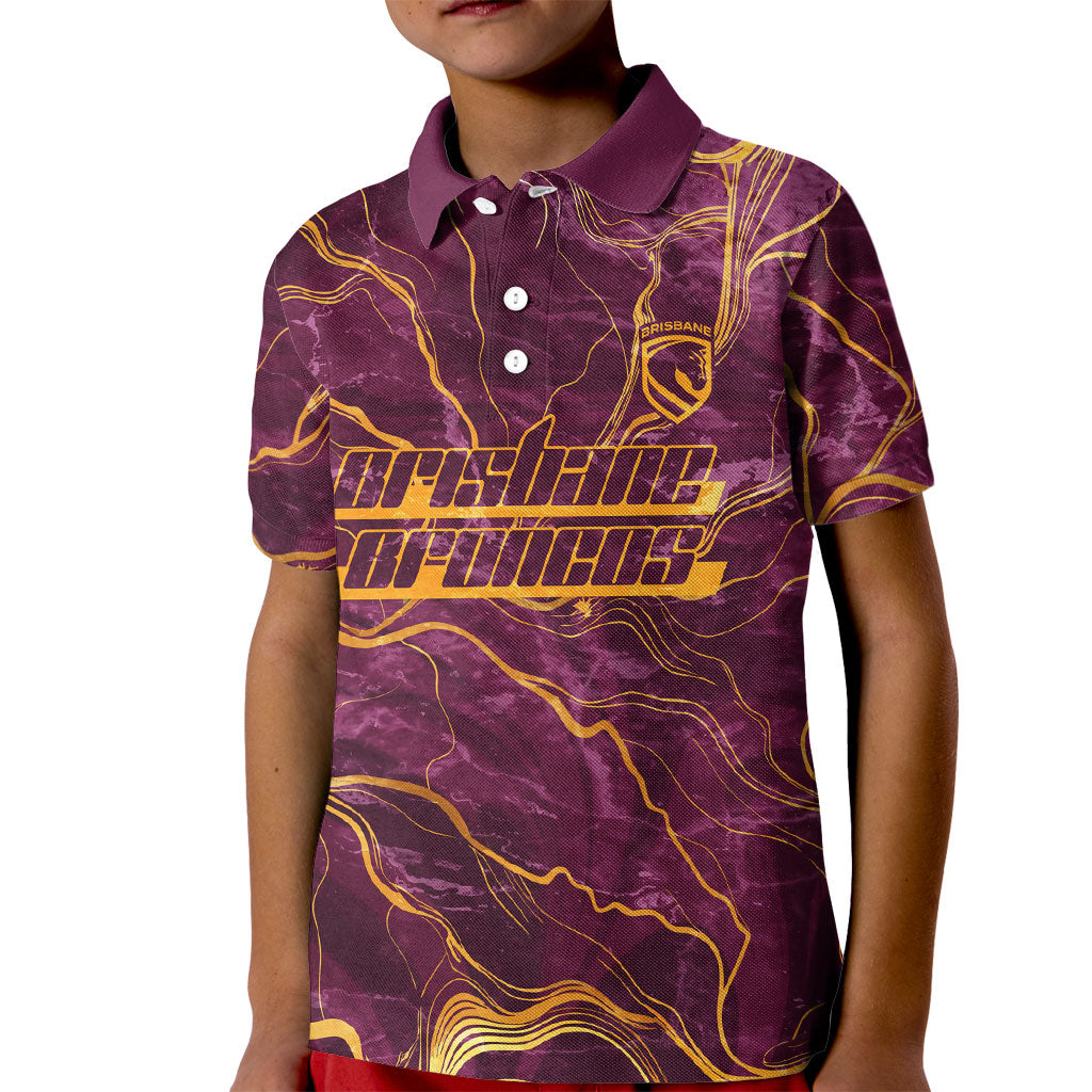 Brisbane Broncos Kid Polo Shirt Gold Marble Pattern With Vibrant Topography Lines