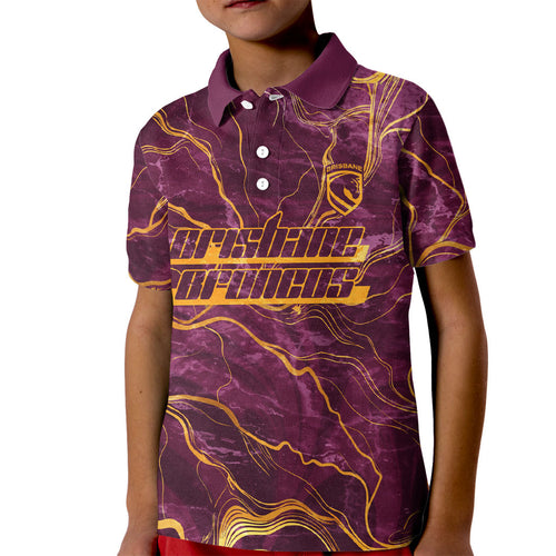 Brisbane Broncos Kid Polo Shirt Gold Marble Pattern With Vibrant Topography Lines