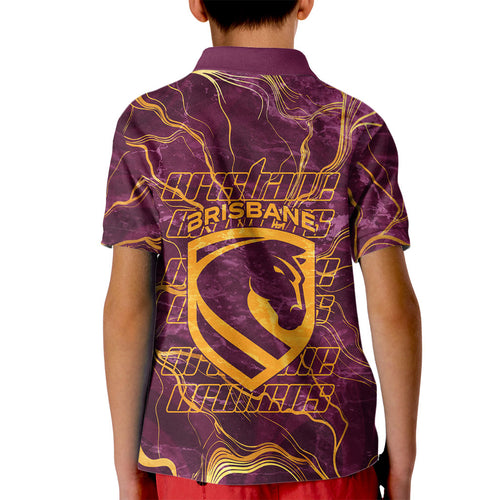 Brisbane Broncos Kid Polo Shirt Gold Marble Pattern With Vibrant Topography Lines