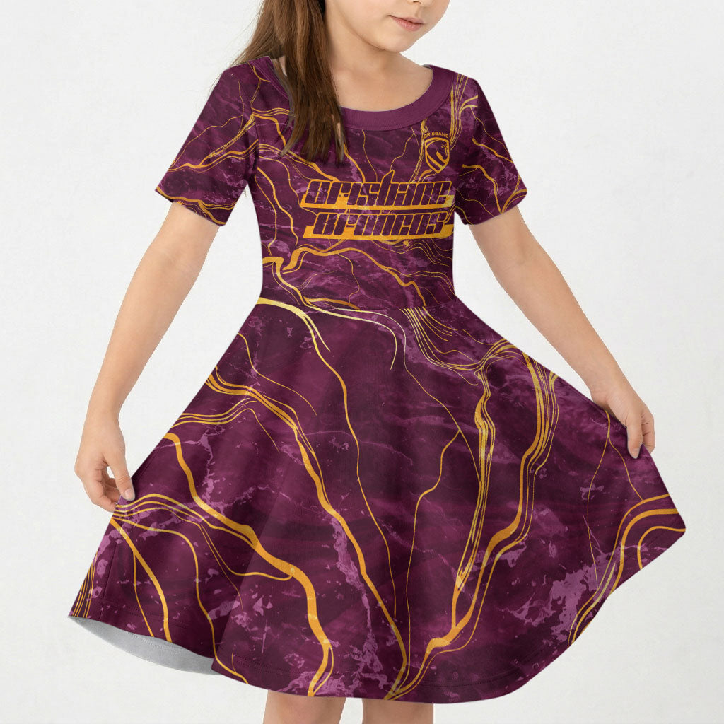Brisbane Broncos Kid Short Sleeve Dress Gold Marble Pattern With Vibrant Topography Lines