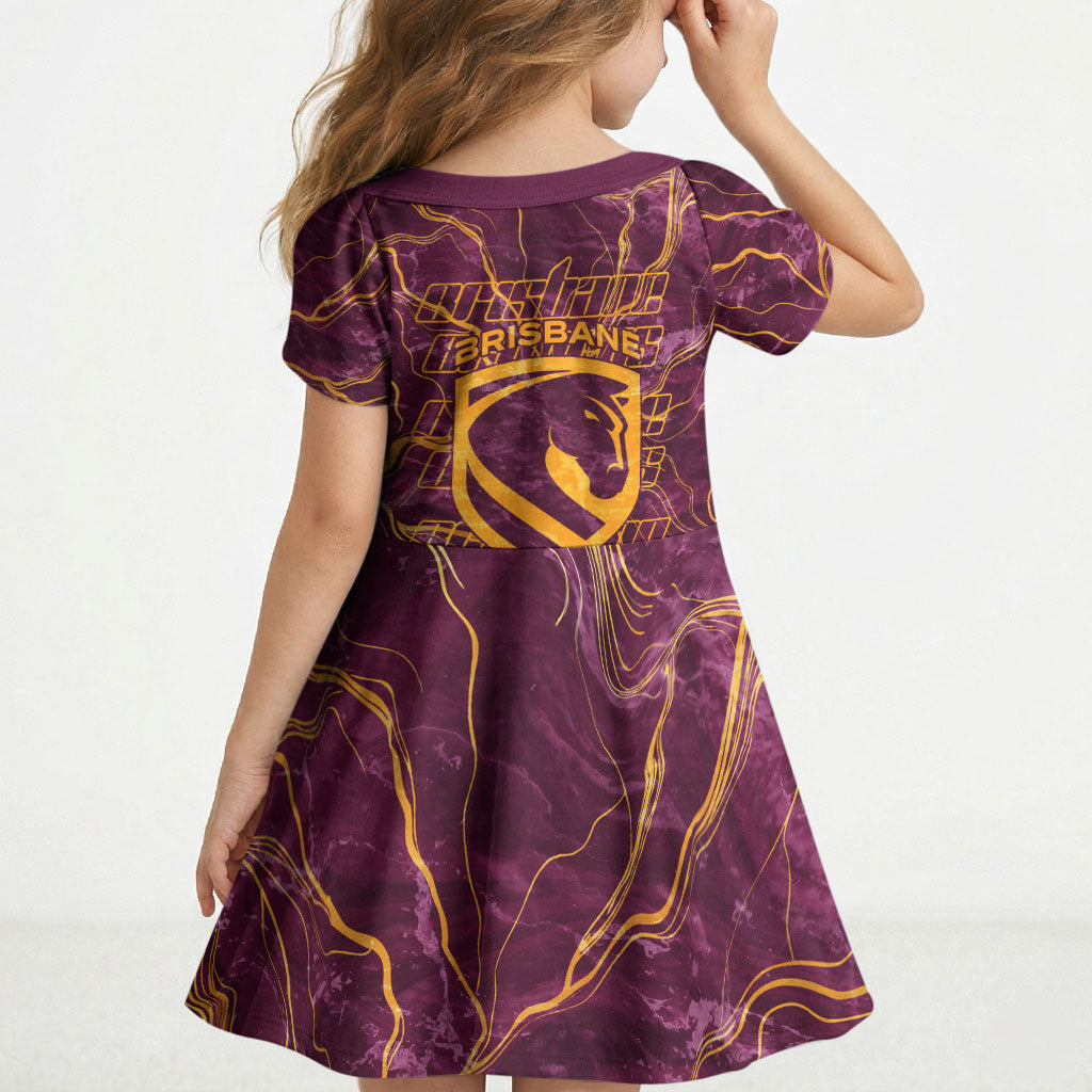 Brisbane Broncos Kid Short Sleeve Dress Gold Marble Pattern With Vibrant Topography Lines