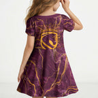 Brisbane Broncos Kid Short Sleeve Dress Gold Marble Pattern With Vibrant Topography Lines