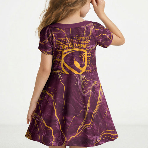 Brisbane Broncos Kid Short Sleeve Dress Gold Marble Pattern With Vibrant Topography Lines