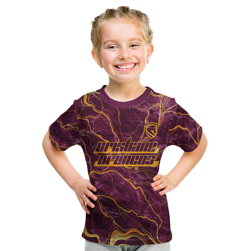 Brisbane Broncos Kid T Shirt Gold Marble Pattern With Vibrant Topography Lines