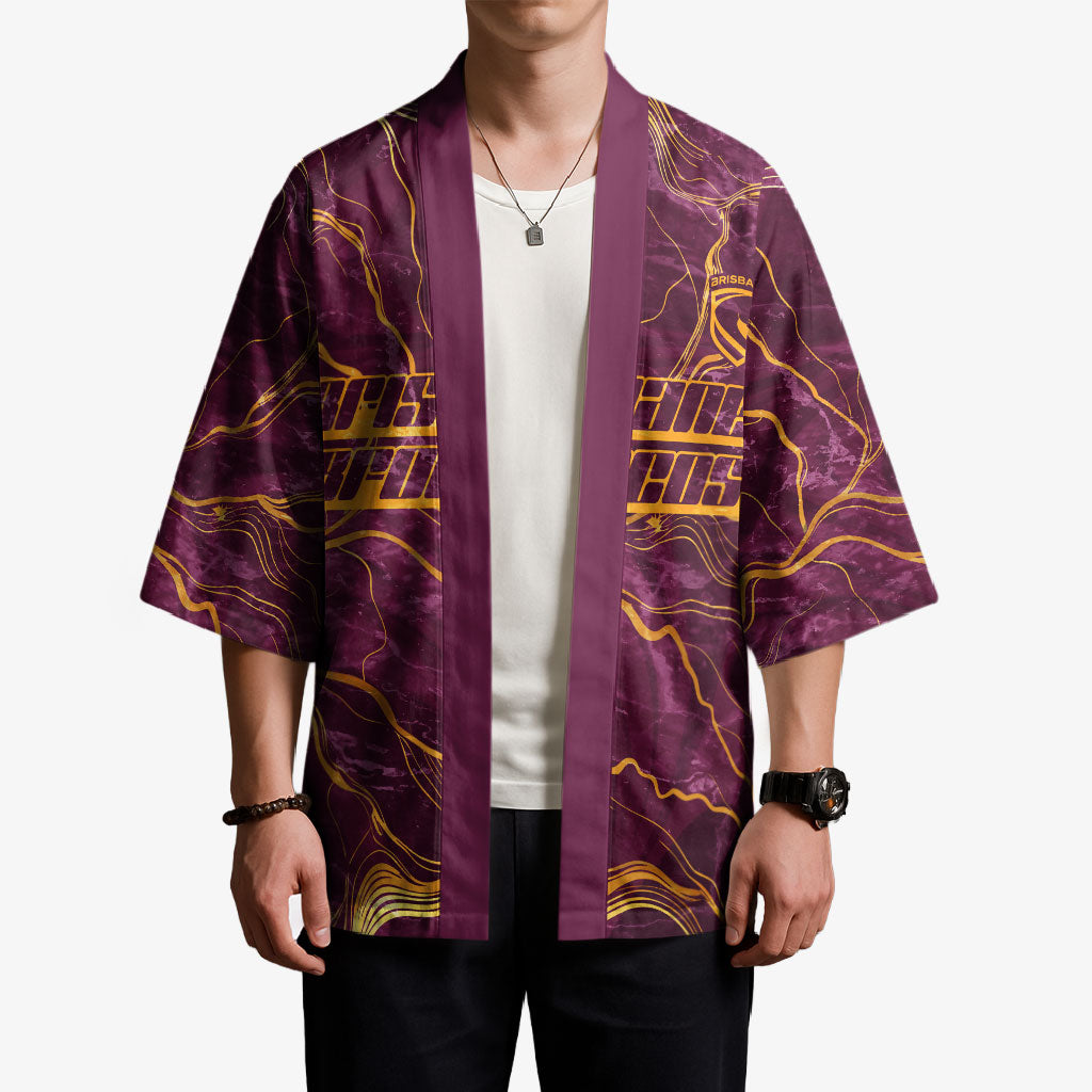 Brisbane Broncos Kimono Gold Marble Pattern With Vibrant Topography Lines