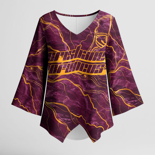 Brisbane Broncos Kimono Sleeve Blouse Gold Marble Pattern With Vibrant Topography Lines
