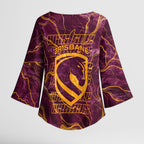 Brisbane Broncos Kimono Sleeve Blouse Gold Marble Pattern With Vibrant Topography Lines