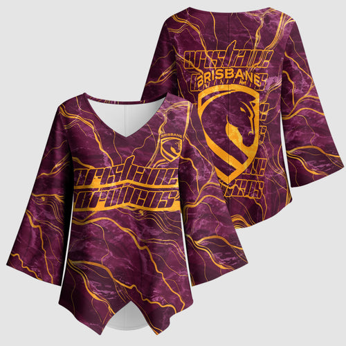 Brisbane Broncos Kimono Sleeve Blouse Gold Marble Pattern With Vibrant Topography Lines