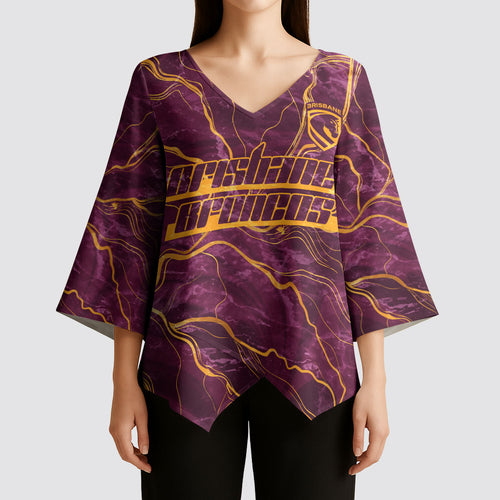 Brisbane Broncos Kimono Sleeve Blouse Gold Marble Pattern With Vibrant Topography Lines