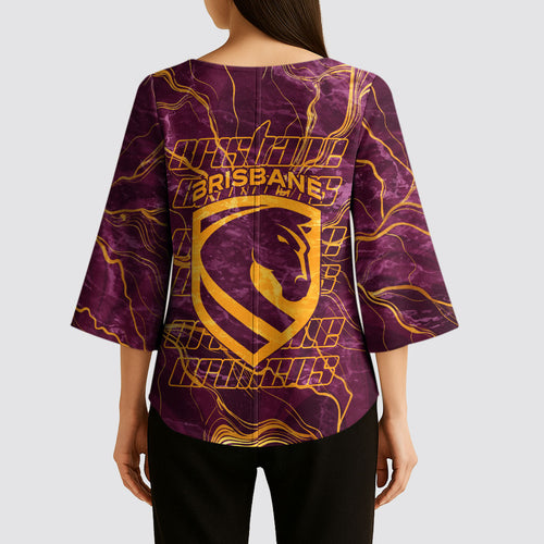 Brisbane Broncos Kimono Sleeve Blouse Gold Marble Pattern With Vibrant Topography Lines