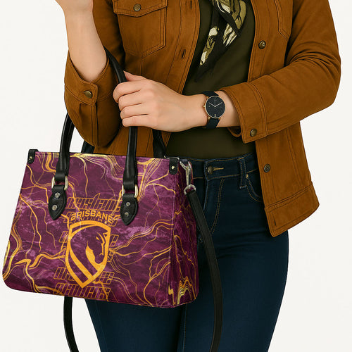 Brisbane Broncos Leather Bag Gold Marble Pattern With Vibrant Topography Lines