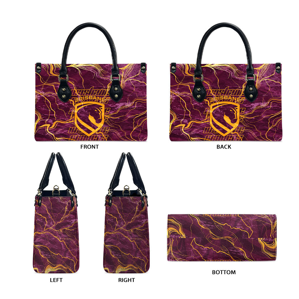 Brisbane Broncos Leather Bag Gold Marble Pattern With Vibrant Topography Lines