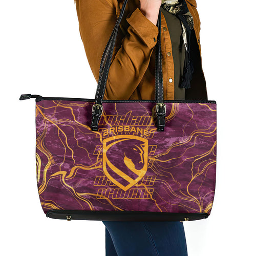 Brisbane Broncos Leather Tote Bag Gold Marble Pattern With Vibrant Topography Lines