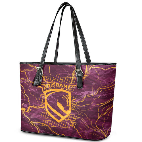Brisbane Broncos Leather Tote Bag Gold Marble Pattern With Vibrant Topography Lines