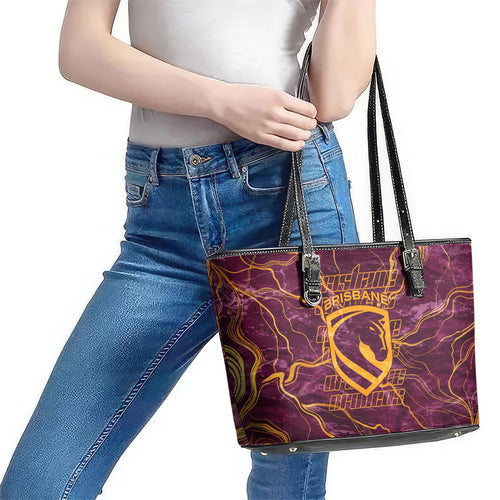 Brisbane Broncos Leather Tote Bag Gold Marble Pattern With Vibrant Topography Lines