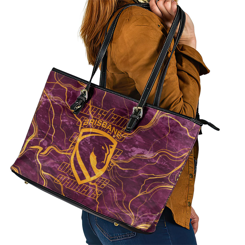 Brisbane Broncos Leather Tote Bag Gold Marble Pattern With Vibrant Topography Lines
