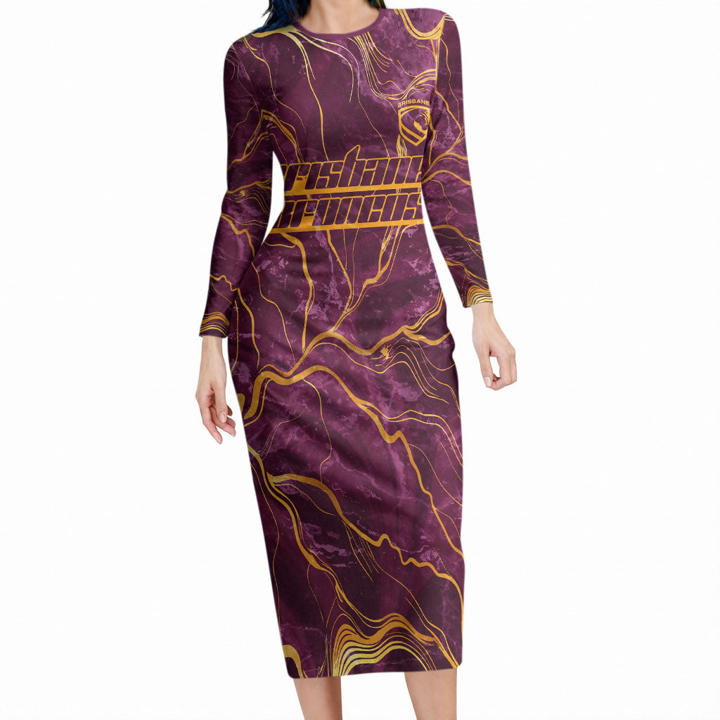 Brisbane Broncos Long Sleeve Bodycon Dress Gold Marble Pattern With Vibrant Topography Lines