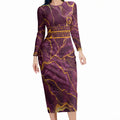 Brisbane Broncos Long Sleeve Bodycon Dress Gold Marble Pattern With Vibrant Topography Lines