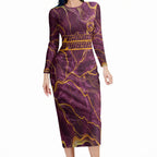 Brisbane Broncos Long Sleeve Bodycon Dress Gold Marble Pattern With Vibrant Topography Lines