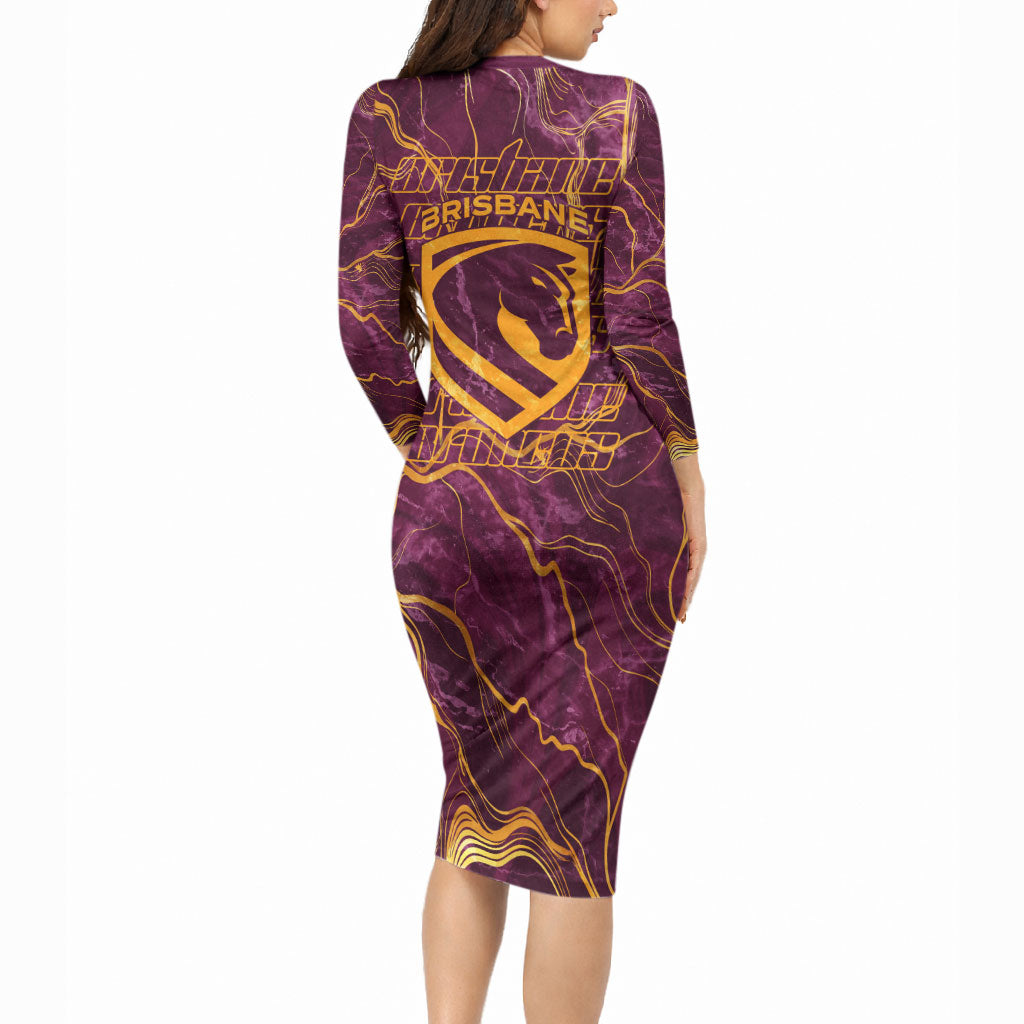 Brisbane Broncos Long Sleeve Bodycon Dress Gold Marble Pattern With Vibrant Topography Lines