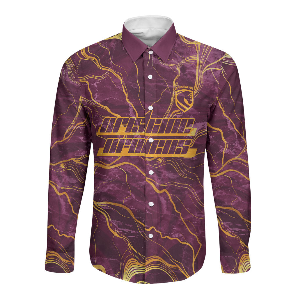 Brisbane Broncos Long Sleeve Button Shirt Gold Marble Pattern With Vibrant Topography Lines