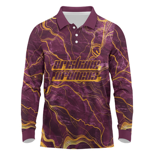 Brisbane Broncos Long Sleeve Polo Shirt Gold Marble Pattern With Vibrant Topography Lines
