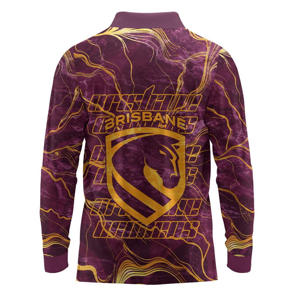 Brisbane Broncos Long Sleeve Polo Shirt Gold Marble Pattern With Vibrant Topography Lines