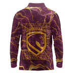 Brisbane Broncos Long Sleeve Polo Shirt Gold Marble Pattern With Vibrant Topography Lines