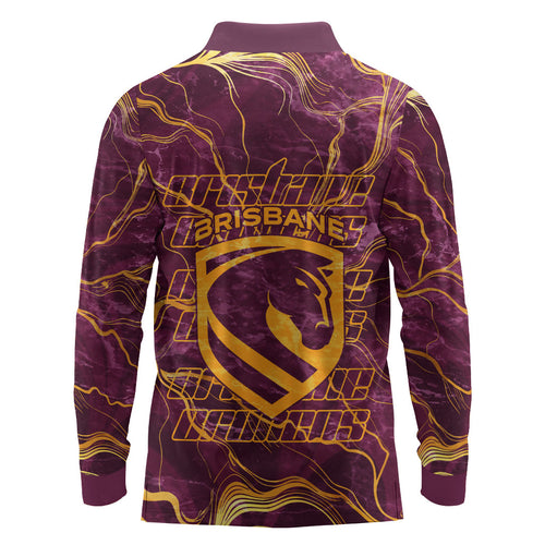 Brisbane Broncos Long Sleeve Polo Shirt Gold Marble Pattern With Vibrant Topography Lines