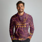 Brisbane Broncos Long Sleeve Polo Shirt Gold Marble Pattern With Vibrant Topography Lines