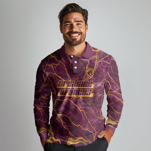Brisbane Broncos Long Sleeve Polo Shirt Gold Marble Pattern With Vibrant Topography Lines