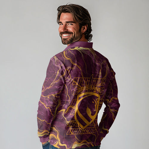 Brisbane Broncos Long Sleeve Polo Shirt Gold Marble Pattern With Vibrant Topography Lines