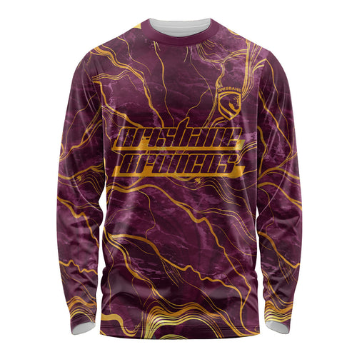 Brisbane Broncos Long Sleeve Shirt Gold Marble Pattern With Vibrant Topography Lines