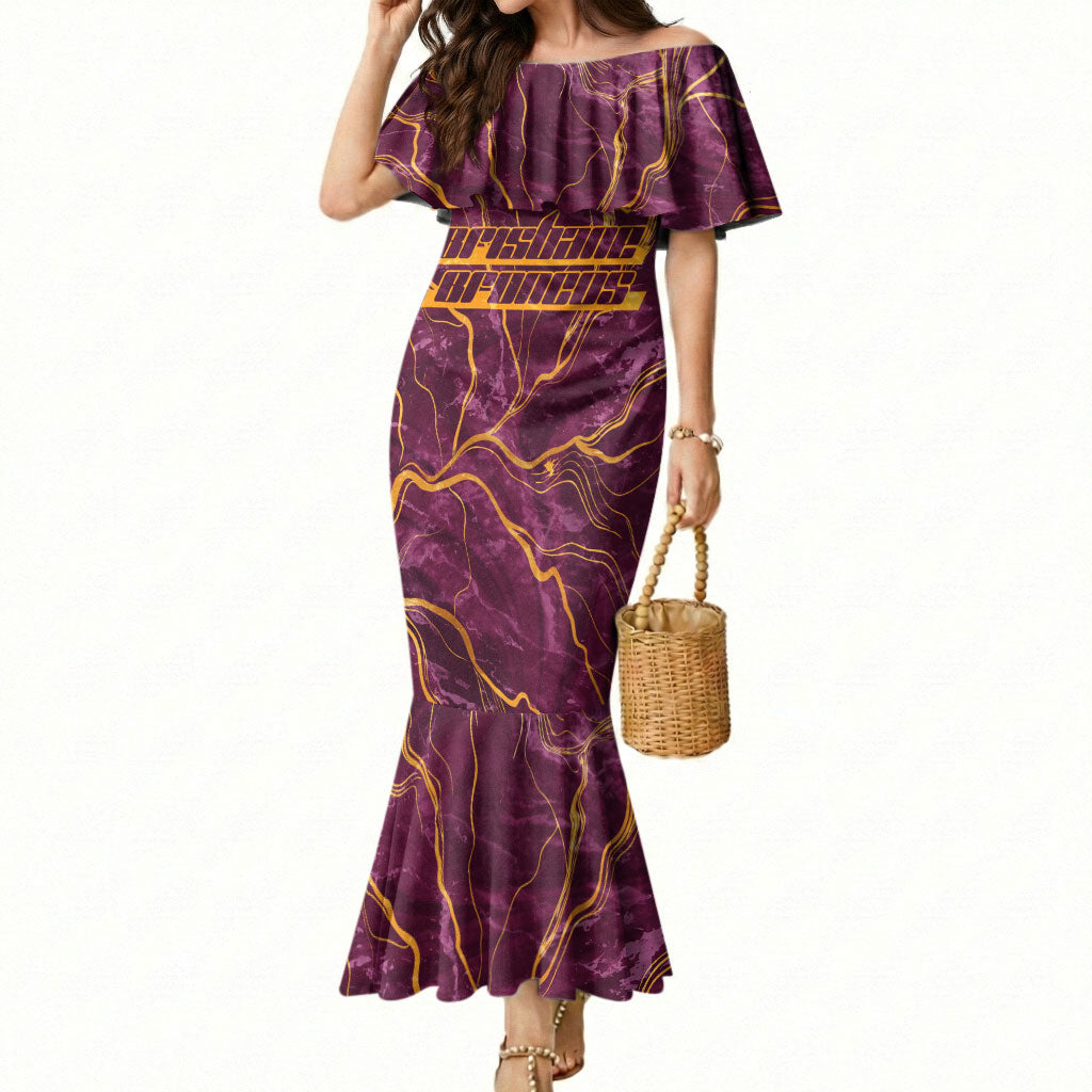 Brisbane Broncos Mermaid Dress Gold Marble Pattern With Vibrant Topography Lines