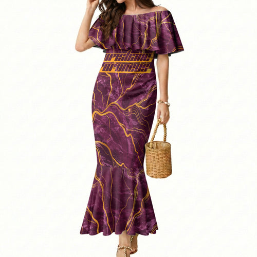 Brisbane Broncos Mermaid Dress Gold Marble Pattern With Vibrant Topography Lines