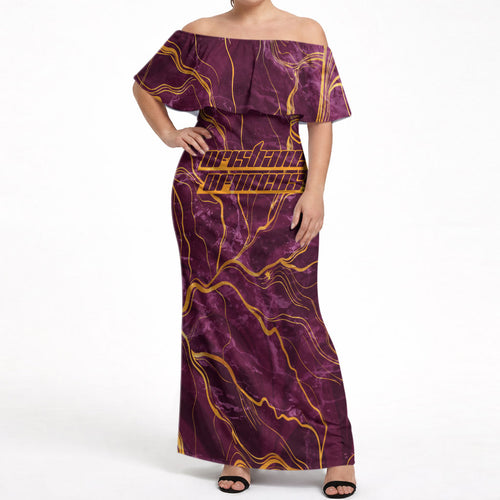 Brisbane Broncos Off Shoulder Maxi Dress Gold Marble Pattern With Vibrant Topography Lines