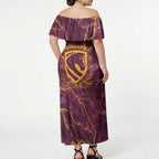 Brisbane Broncos Off Shoulder Maxi Dress Gold Marble Pattern With Vibrant Topography Lines