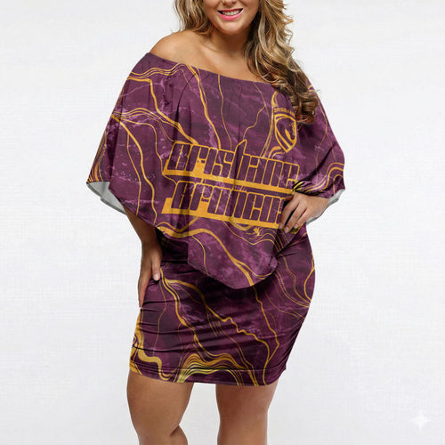 Brisbane Broncos Off Shoulder Short Dress Gold Marble Pattern With Vibrant Topography Lines