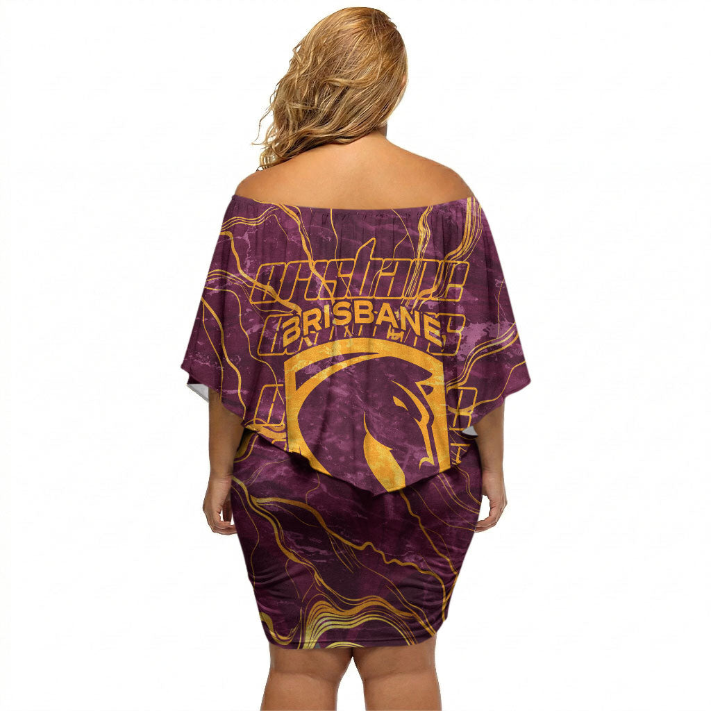Brisbane Broncos Off Shoulder Short Dress Gold Marble Pattern With Vibrant Topography Lines