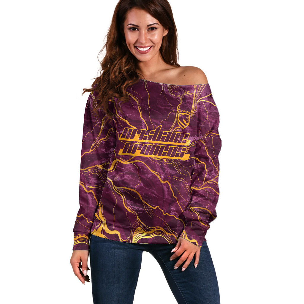Brisbane Broncos Off Shoulder Sweater Gold Marble Pattern With Vibrant Topography Lines