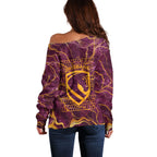 Brisbane Broncos Off Shoulder Sweater Gold Marble Pattern With Vibrant Topography Lines